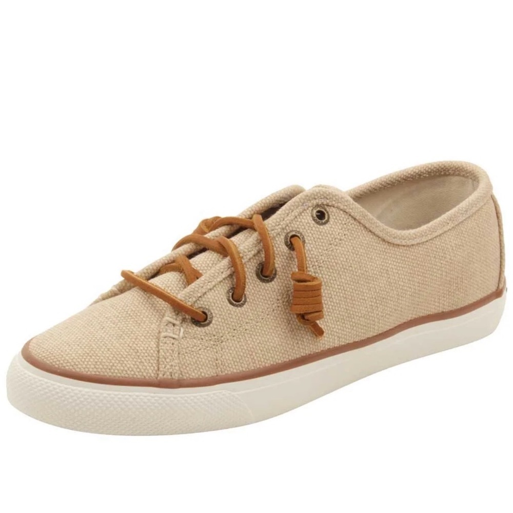 Sperry Seacoast Waxy Canvas Sneakers Women's 7.5 Beige Tan Lace Up Casual Shoes
